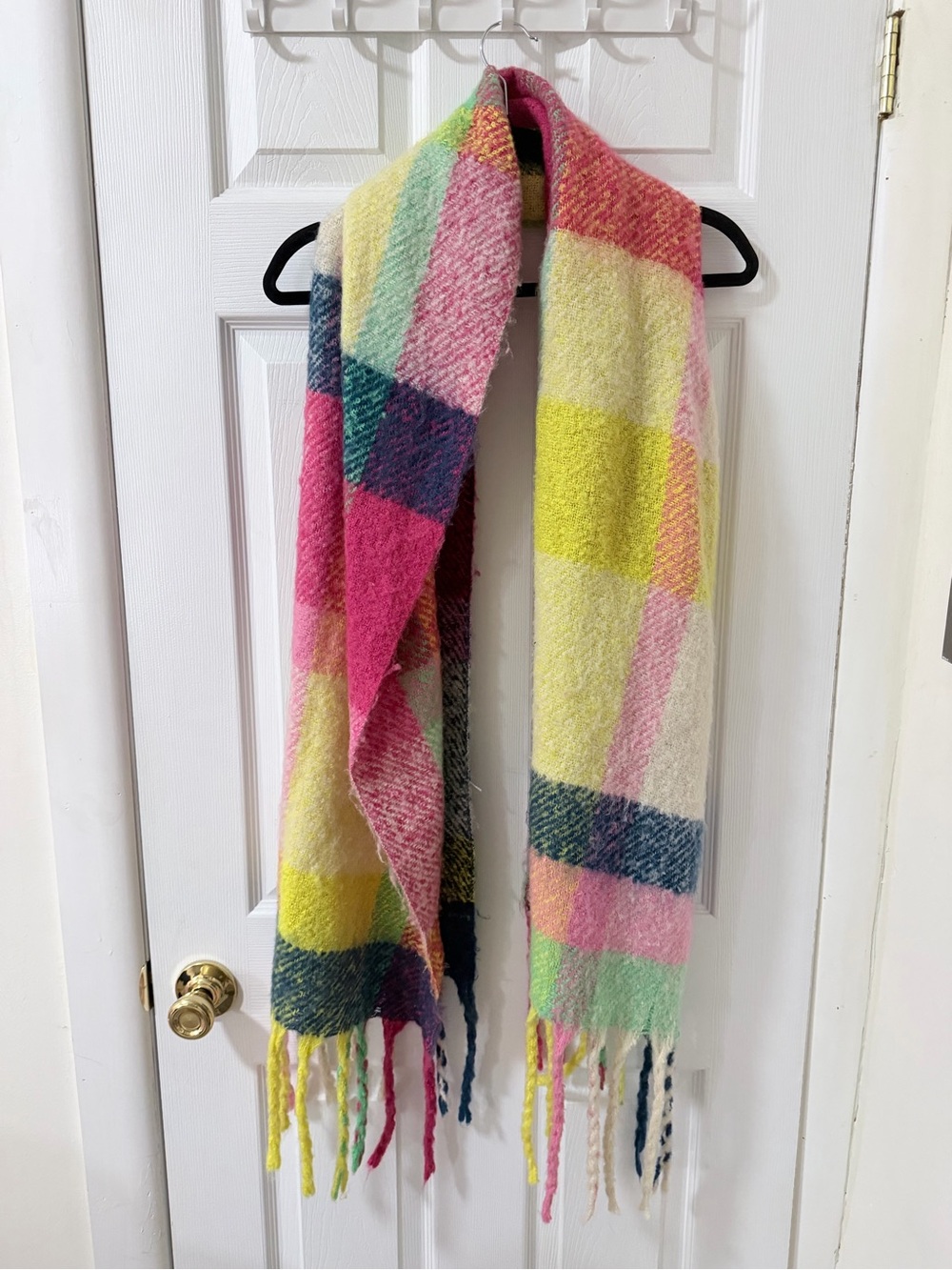 Multicolor Plaid Fringe Scarf - Pink, Yellow & Green